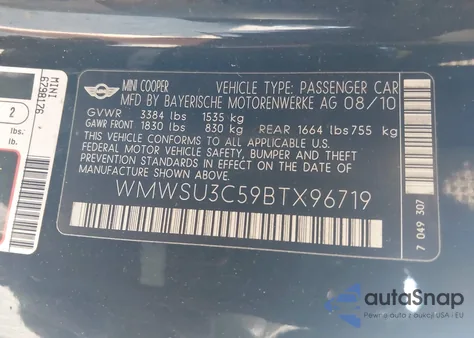 2011 Mini Cooper z USA, uszkodzony, nr VIN WMWSU3C59BTX96719